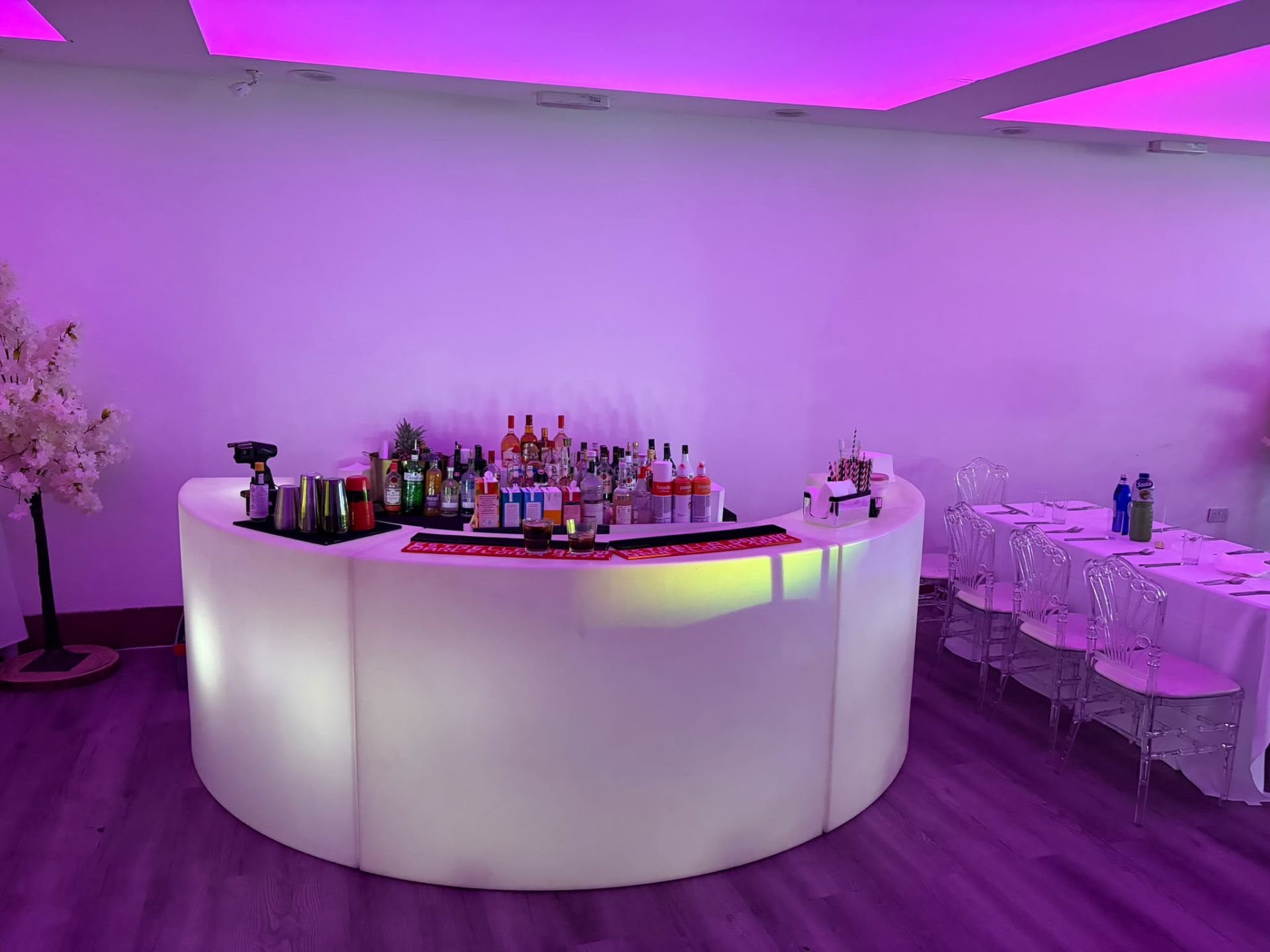 The bar lit for the evening