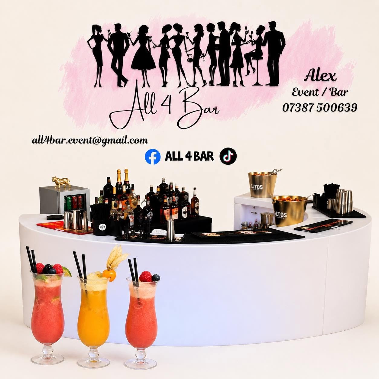 ALL 4 BAR portable bar with bottles, ice buckets and cocktails